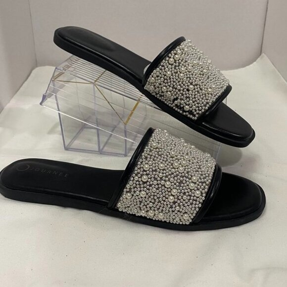 Journee Collection Pearl Embellished Slide Sandals Black Size 12 - Picture 1 of 16